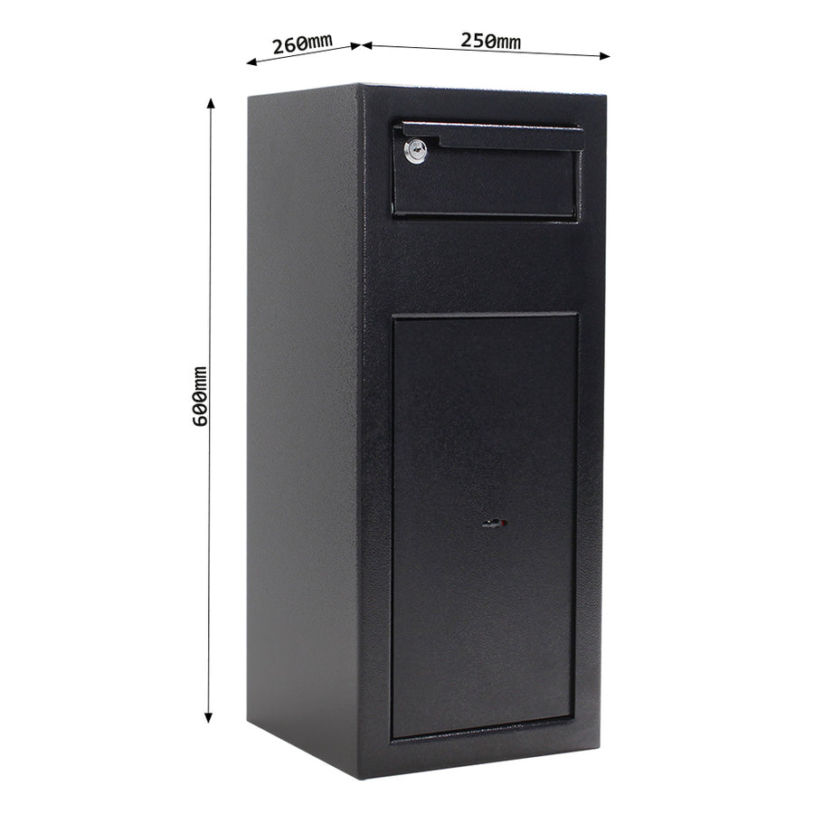 Schéma coté du coffre Rottner Cashmatic 1, dimensions extérieures et intérieures en millimètres