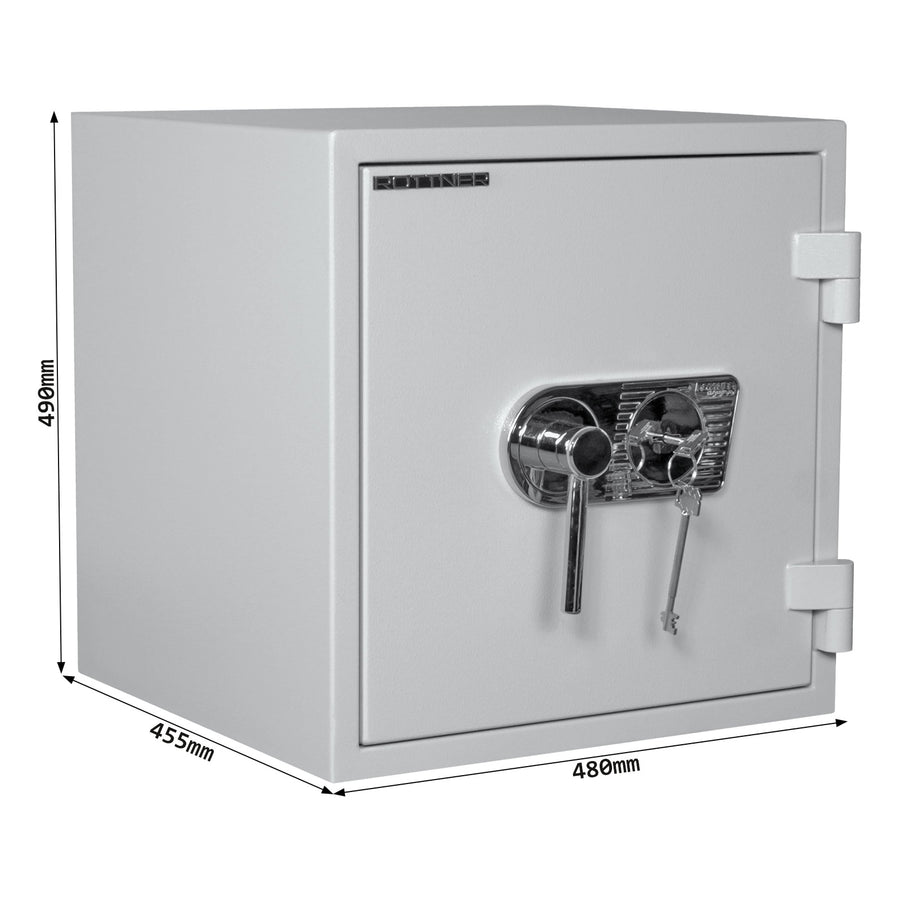Schéma coté du coffre-fort Rottner Fire Master 50, dimensions extérieures et intérieures en millimètres