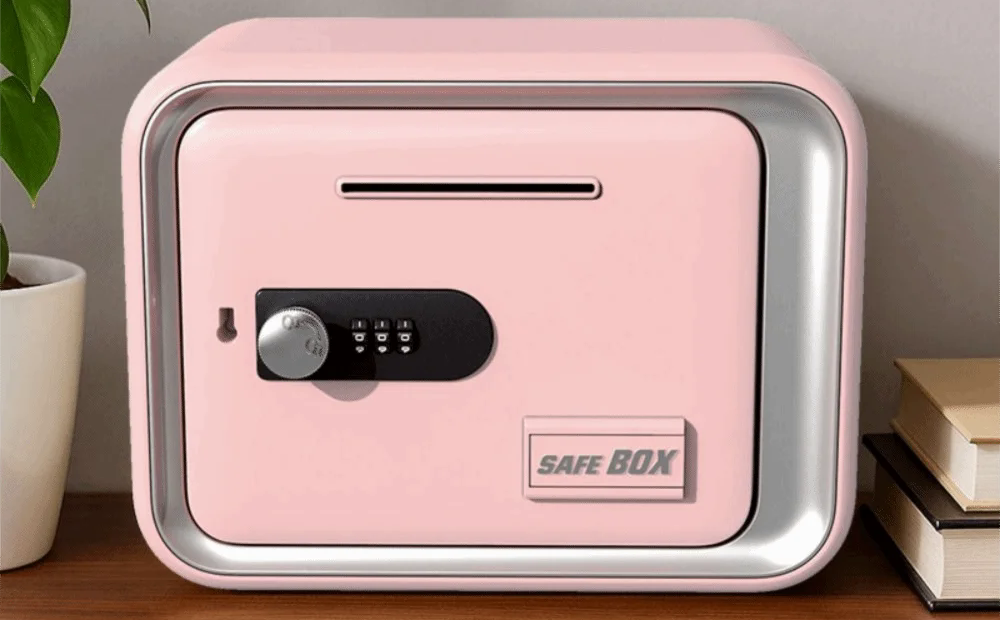 Tirelire coffre-fort rose à molette à code, posée sur un bureau