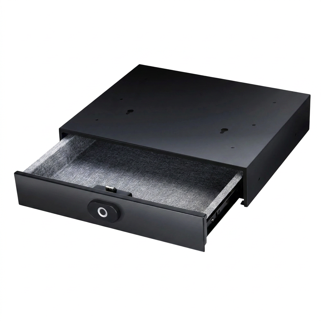 Tiroir coffre-fort dissimulé monté sous un meuble, ouverture par empreinte digitale