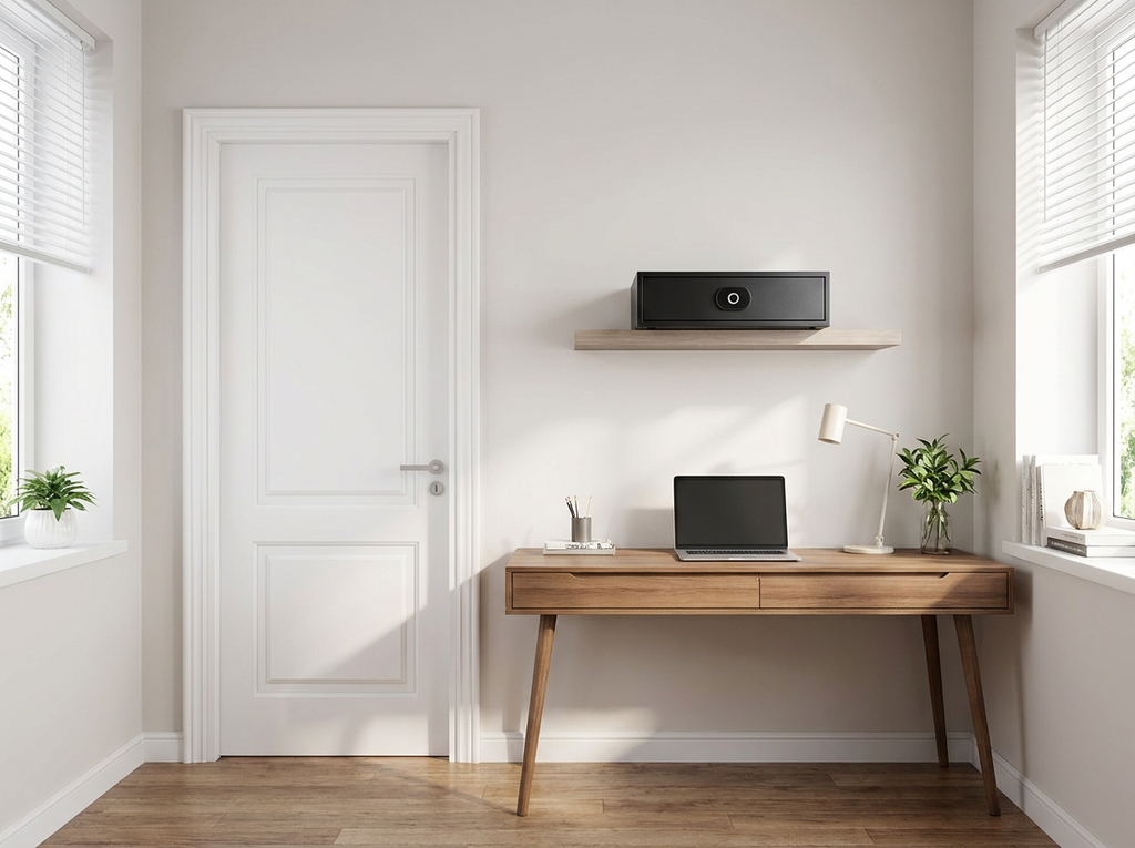 Coffre-fort intelligent posé sur une étagère murale de bureau