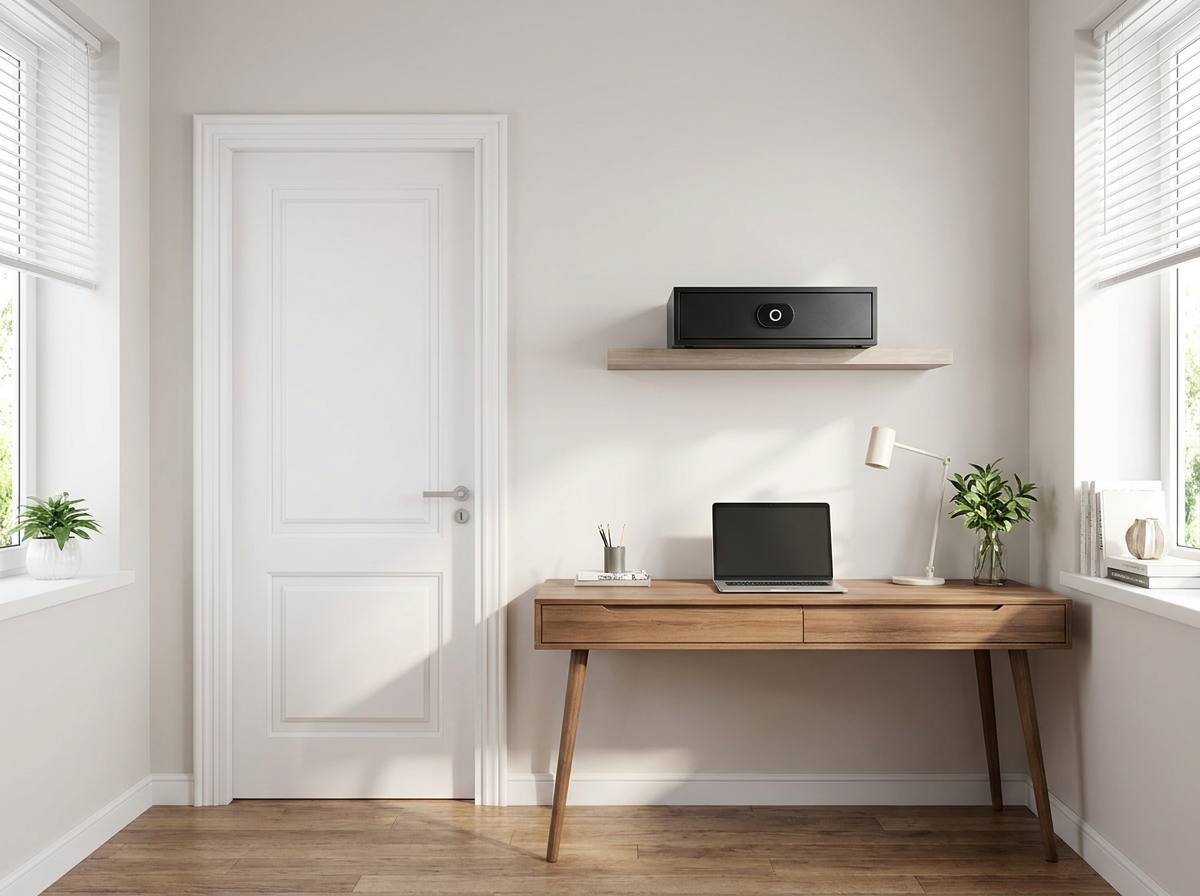 Coffre-fort intelligent posé sur une étagère murale de bureau