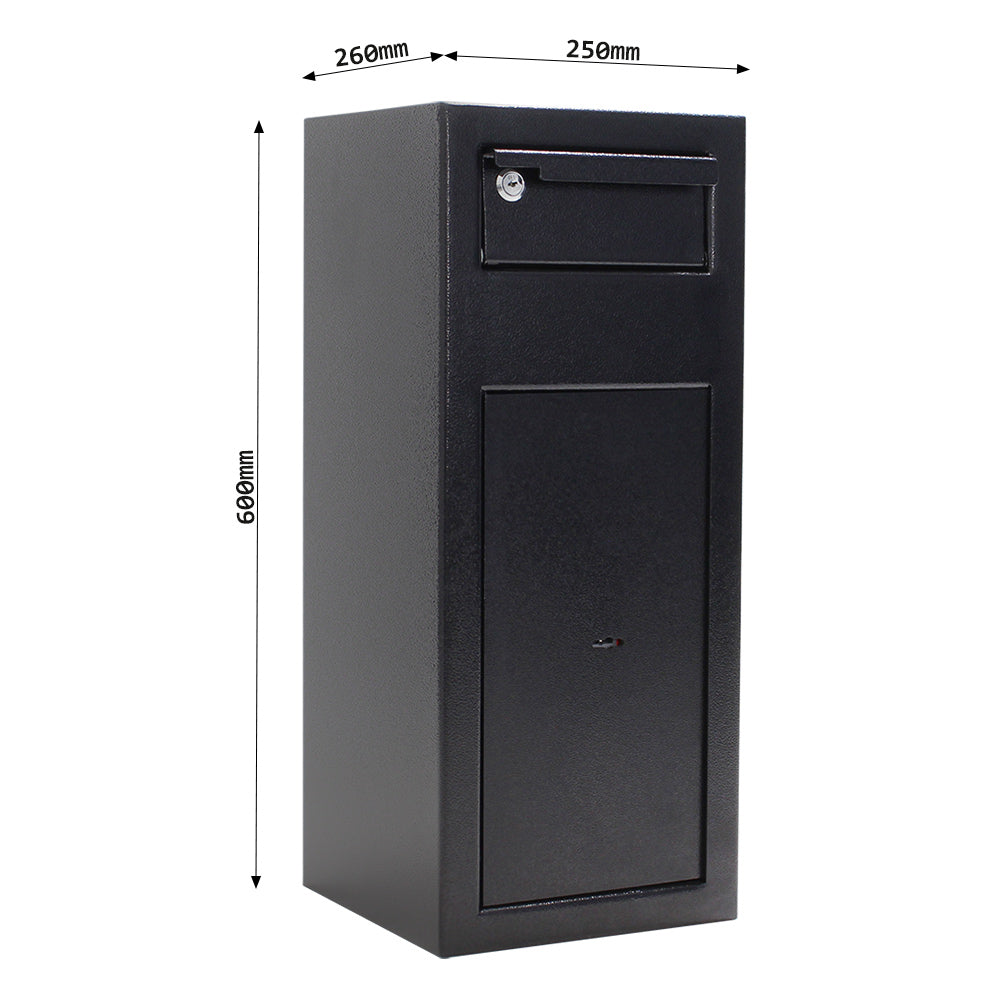 Schéma coté du coffre Rottner Cashmatic 1, dimensions extérieures et intérieures en millimètres