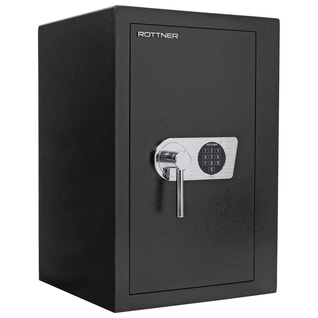 Coffre-fort Rottner Monaco 65 noir, vue de face, porte fermée avec son clavier électronique