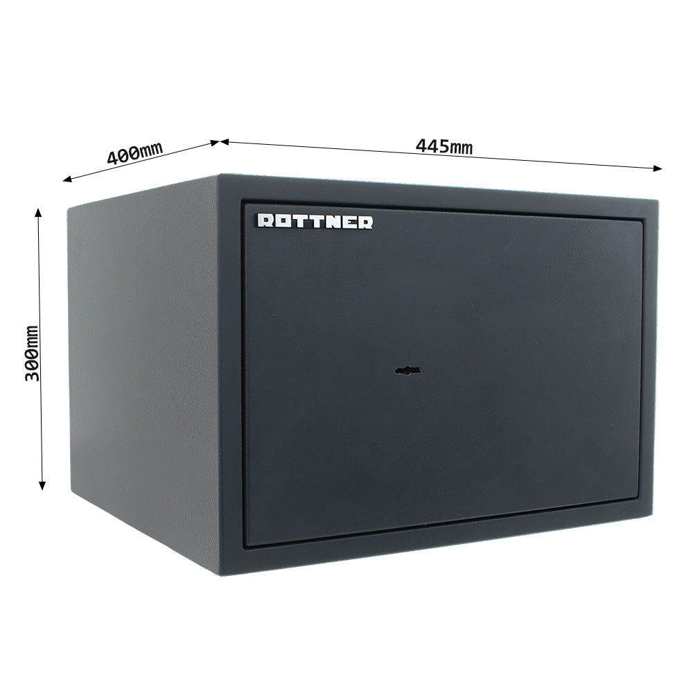 Schéma coté du coffre Rottner PowerSafe PS 300, dimensions extérieures et intérieures en millimètres