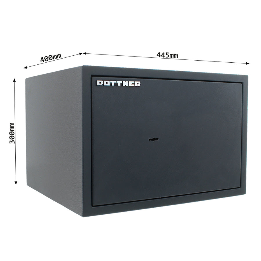 Schéma coté du coffre Rottner PowerSafe PS 300, dimensions extérieures et intérieures en millimètres