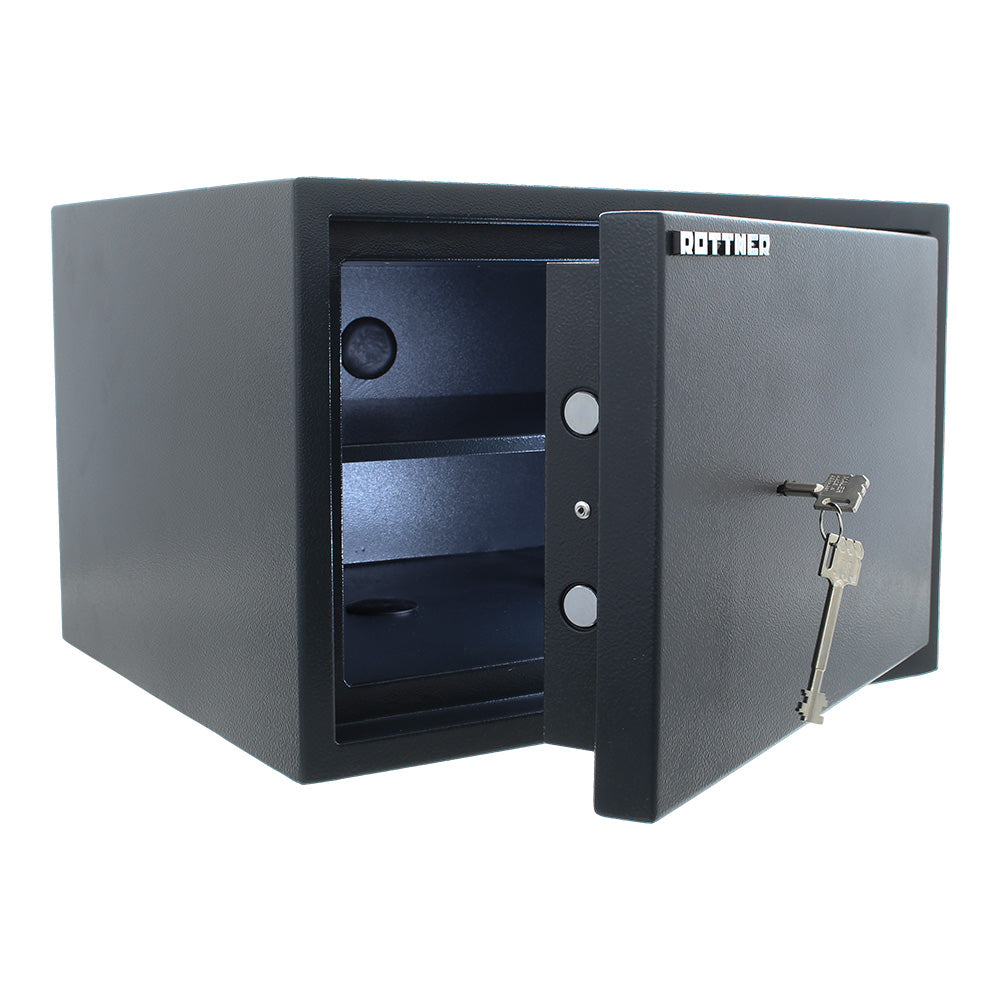 Coffre-fort Rottner PowerSafe PS 300 porte ouverte, pênes et intérieur visibles