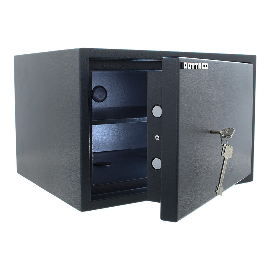 Coffre-fort Rottner PowerSafe PS 300 porte ouverte, pênes et intérieur visibles
