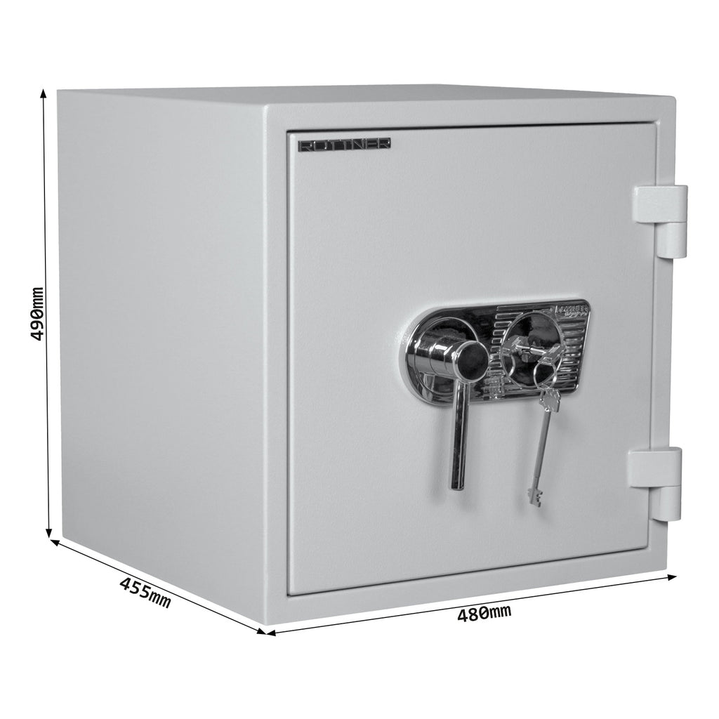 Schéma coté du coffre-fort Rottner Fire Master 50, dimensions extérieures et intérieures en millimètres