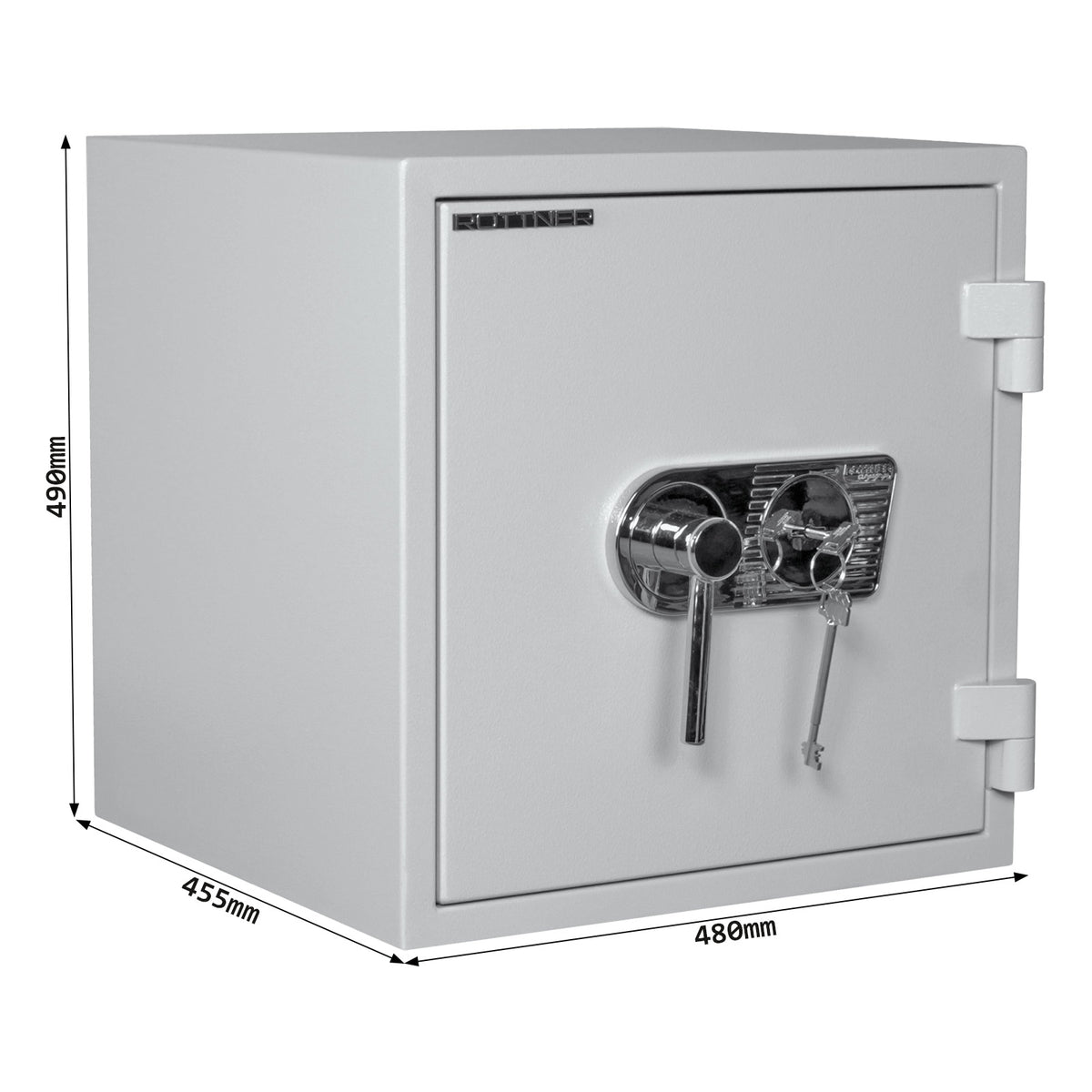Schéma coté du coffre-fort Rottner Fire Master 50, dimensions extérieures et intérieures en millimètres