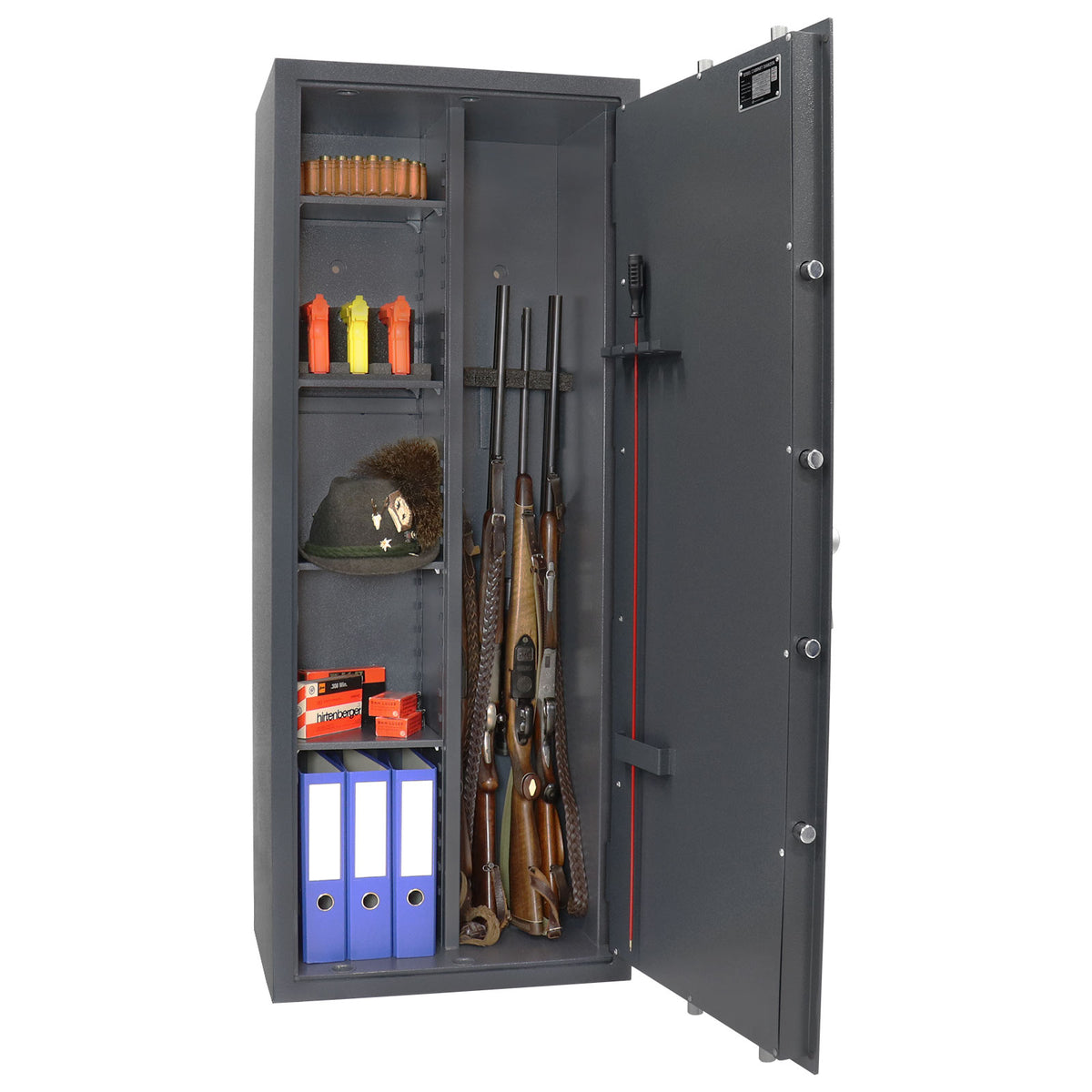 Intérieur de l'armoire Rottner Dakota 10, exemple de rangement des armes d'épaule
