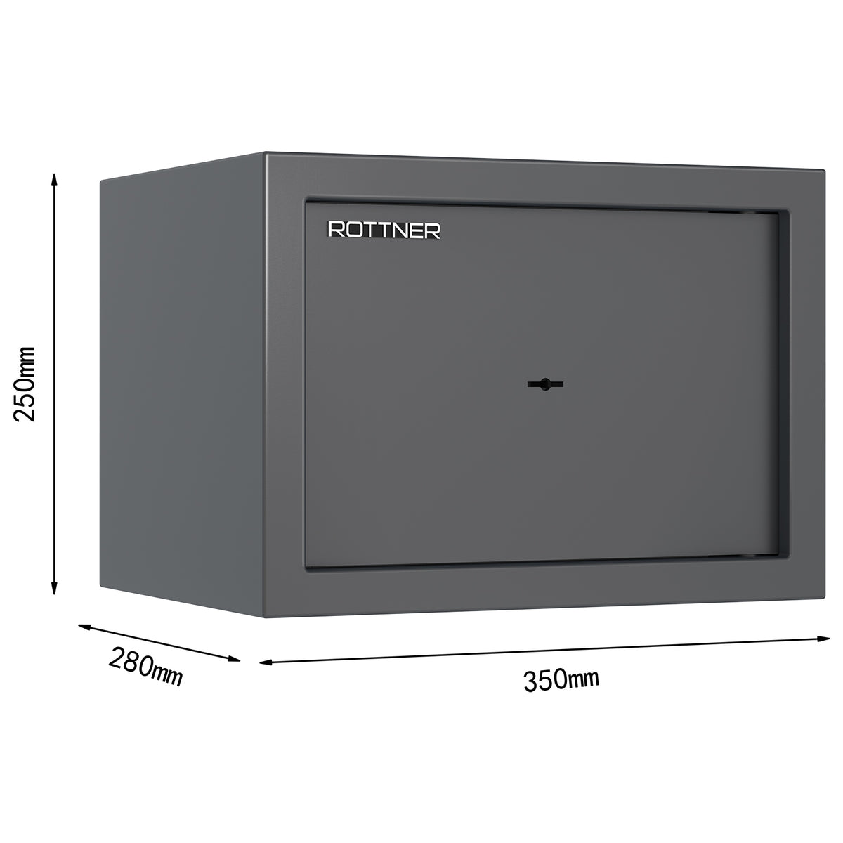 Schéma coté du coffre-fort Rottner Praktik 25, dimensions extérieures et intérieures en millimètres