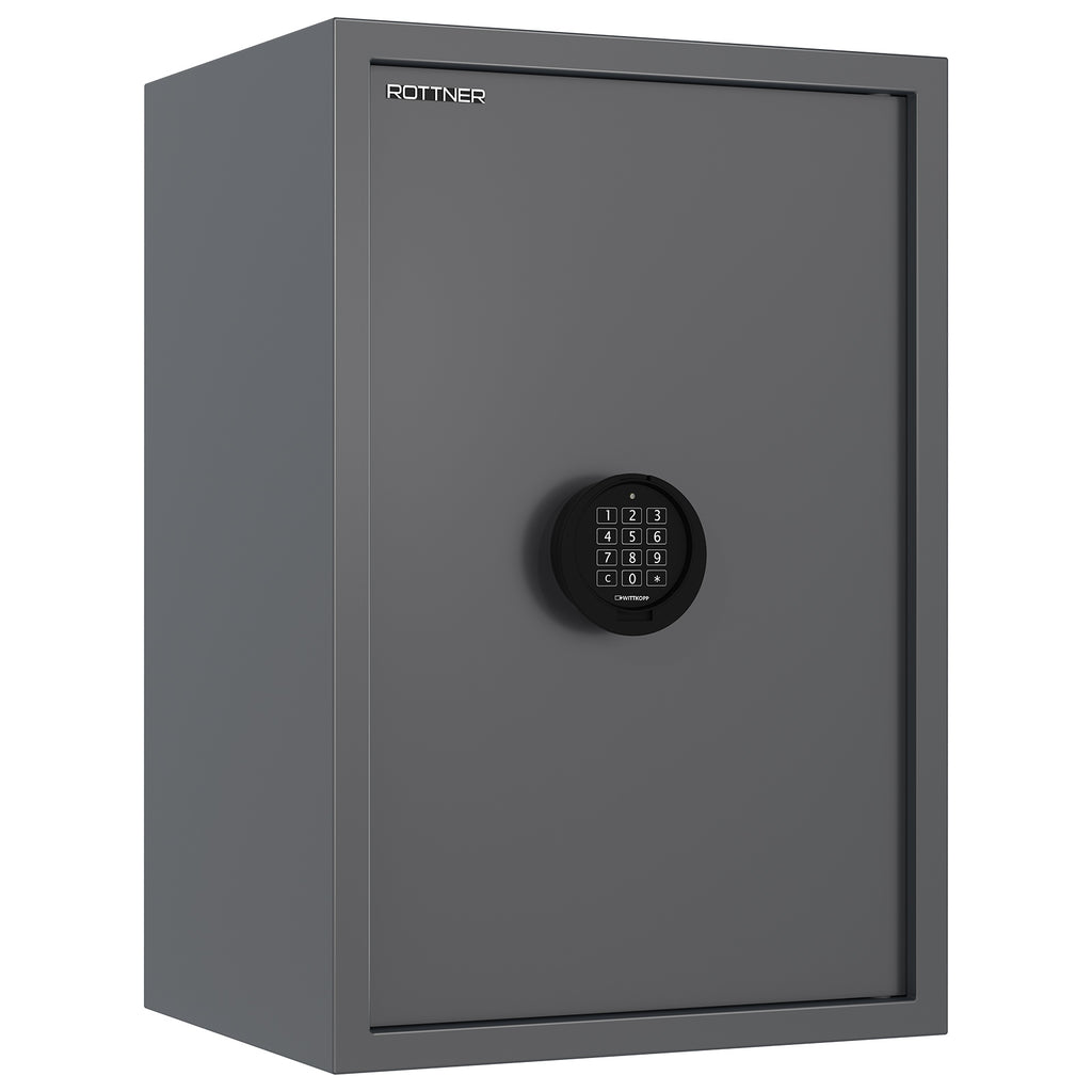 Coffre-fort Rottner Praktik 65 anthracite, vue de face, porte fermée et clavier électronique