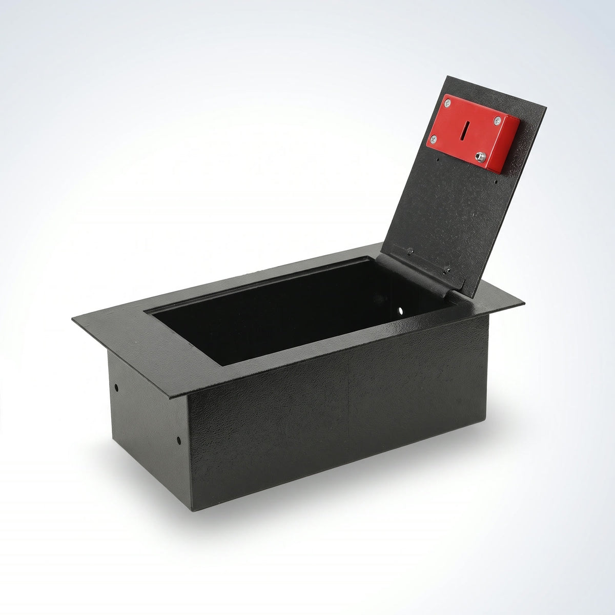 Coffre-fort sous plancher ouvert, vu de trois quarts sur fond blanc, couvercle relevé et platine de verrouillage rouge visible